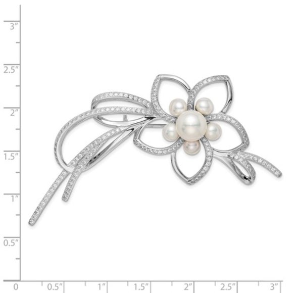 925 Sterling Silver FWC Pearl and CZ Ribbon Flower Brooch - Picture 2 of 2